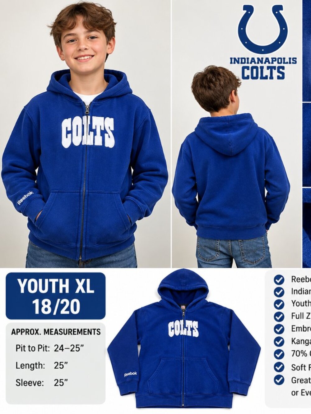 Indianapolis Colts Reebok Full Zip Hoodie – Youth XL 18/20 – $29